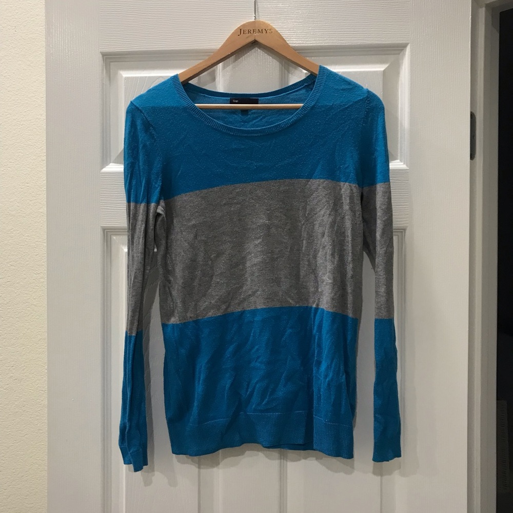 Striped grey and turquoise sweater